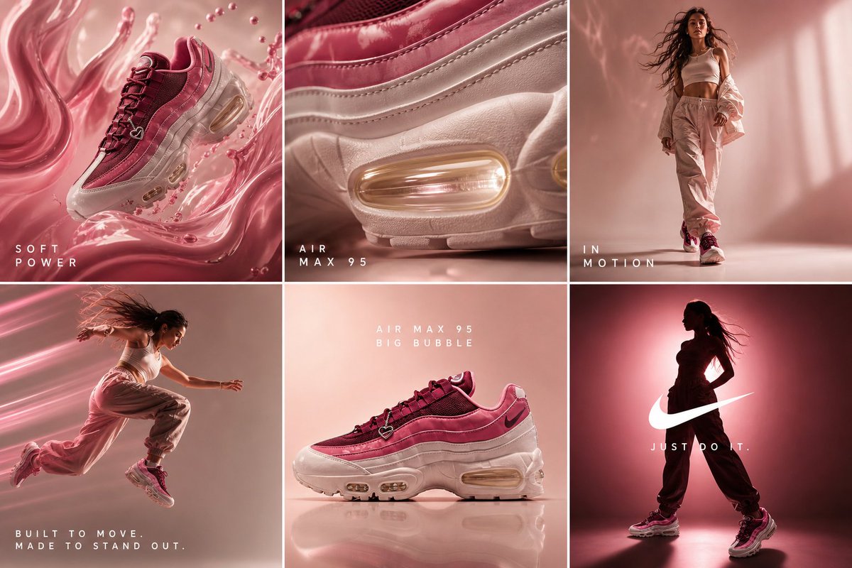 cinematic 6-frame grid (3x2), ultra-premium campaign for Nike Air Max