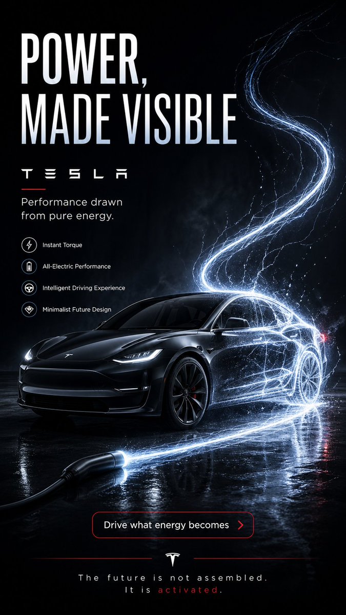 Create a brilliant 9:16 vertical advertising poster for Tesla. The con