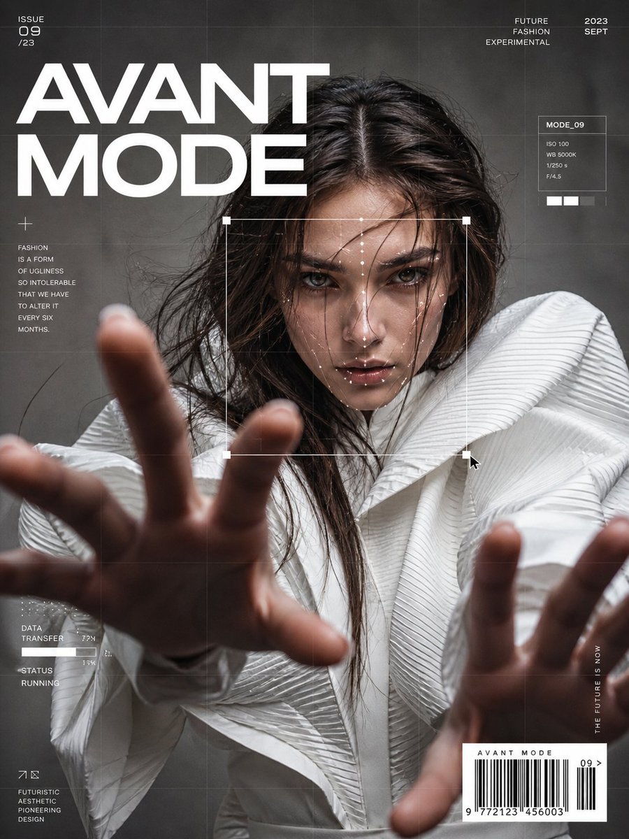 Ultra-realistic fashion editorial portrait of a confident woman in ava