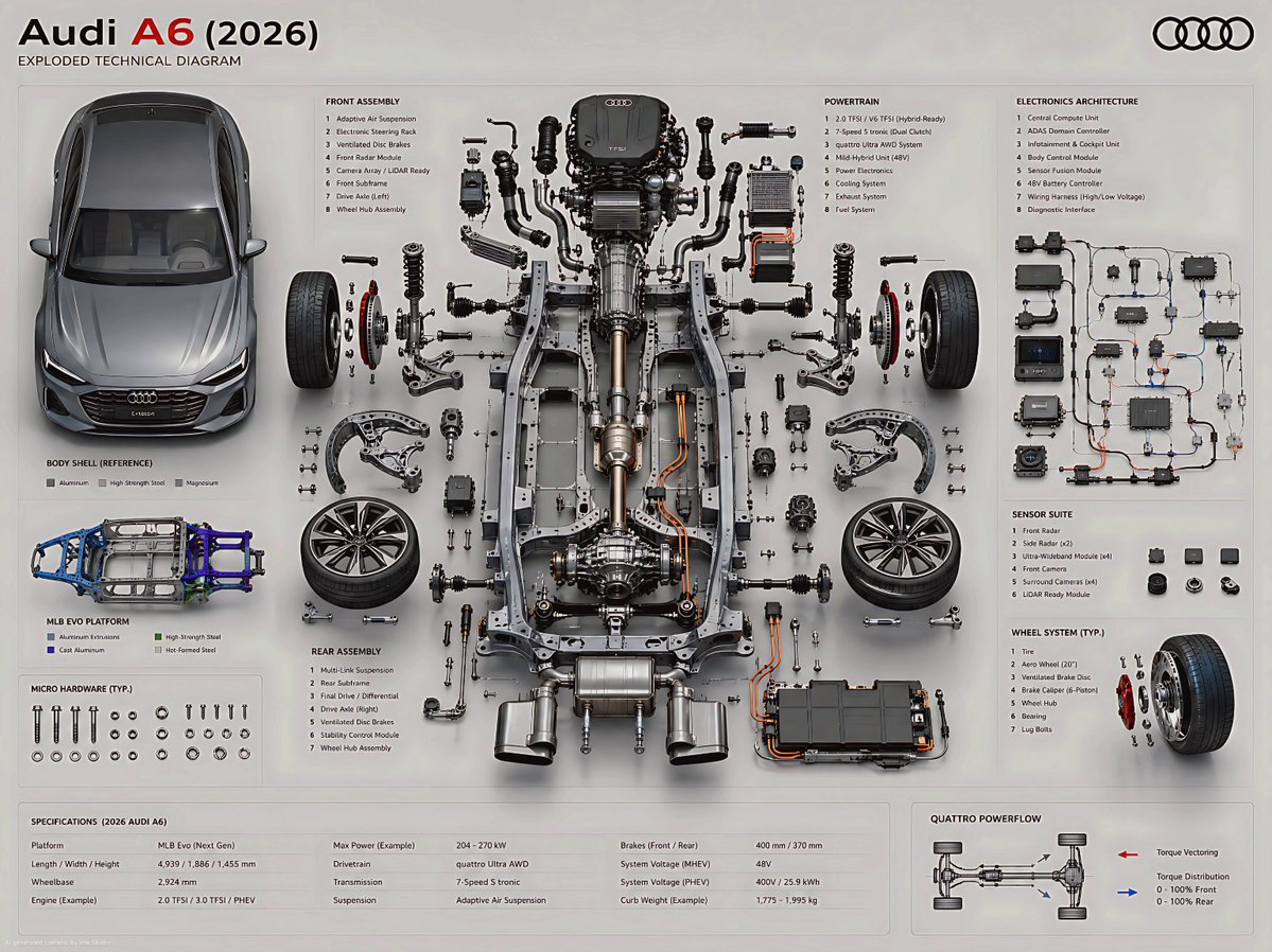 Create an ultra-high fidelity exploded technical diagram of a 2026 Aud
