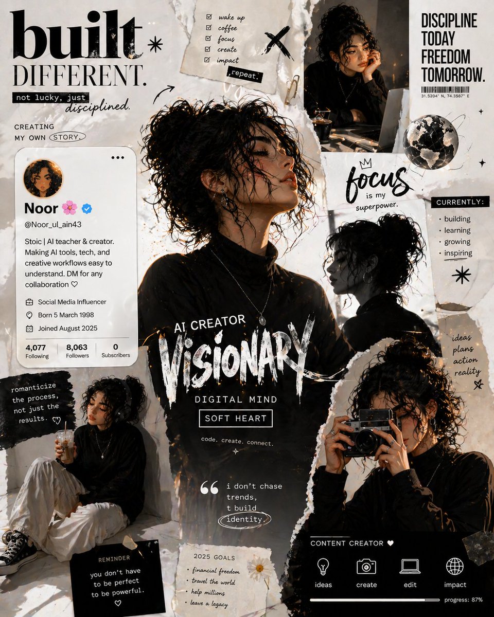 A bold, editorial-style digital collage in a monochrome white and beig