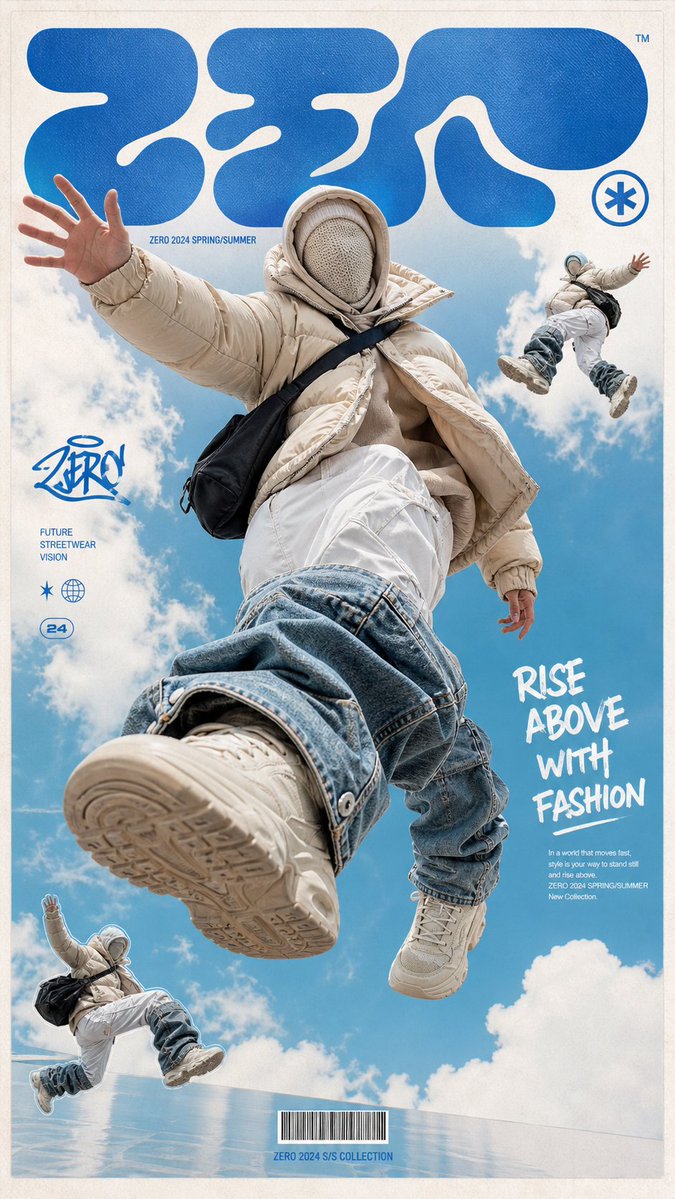 一张高端潮流街头服装海报，画面主体是一位无脸的未来感模特漂浮跳跃在天空中，穿着超大号米色羽绒服、层叠兜帽和针织面罩，面部被完全遮住；下身穿白