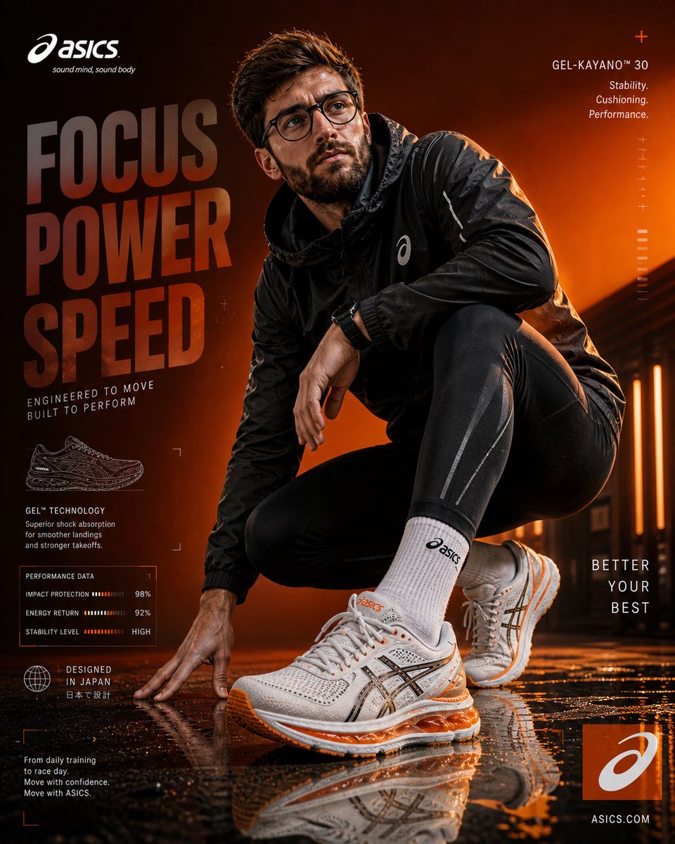 Create an ultra-high resolution (8K) premium ASICS sportswear advertis