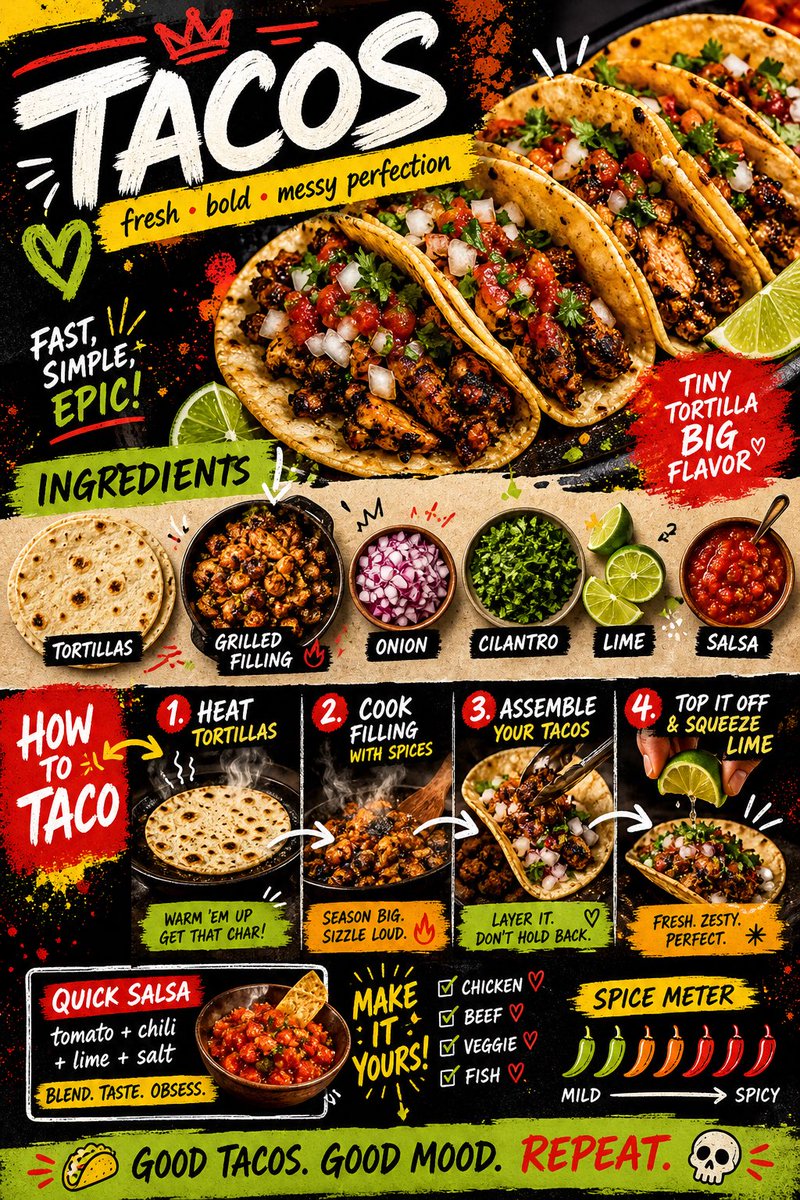 Create a bold, vibrant, street-style recipe card for “Tacos” designed