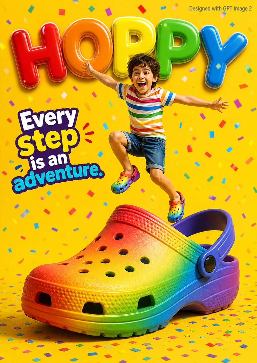 A vibrant children’s shoe advertisement poster featuring a joyful 7-ye