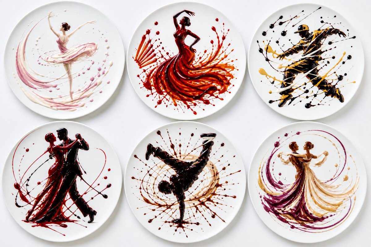 Six round white plates, each with a different dance form expressed thr