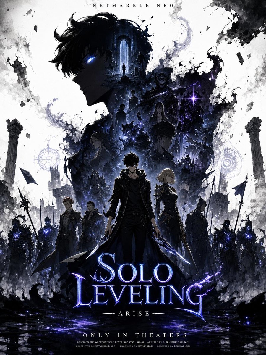 Create a promotional poster of a SOLO LEVELING-themed character with a