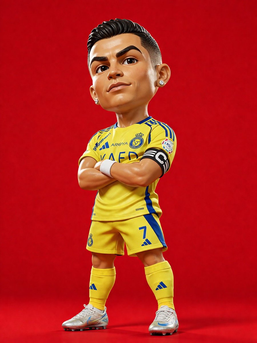 3D rendered caricature figurine of Cristiano Ronaldo, big head chibi s