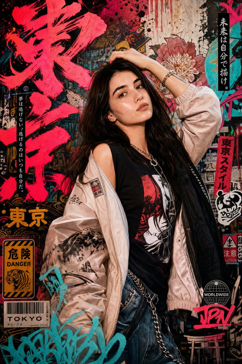 Create a high-detail portrait poster in a bold Japanese graffiti-inspi