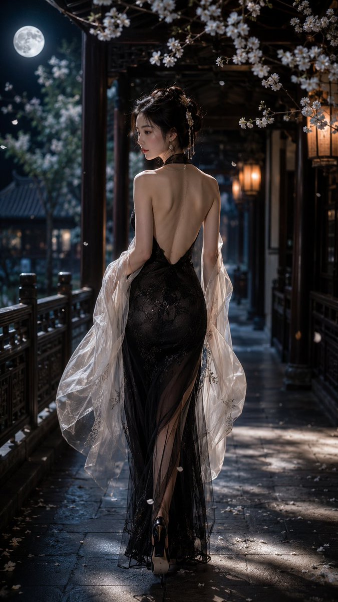 一位成年东方女性，9:16 竖版构图，写实风格，全身偏背面人像，人物行走在一条古典中式回廊之中，画面从后方略低机位捕捉她的身影，人物为绝对视