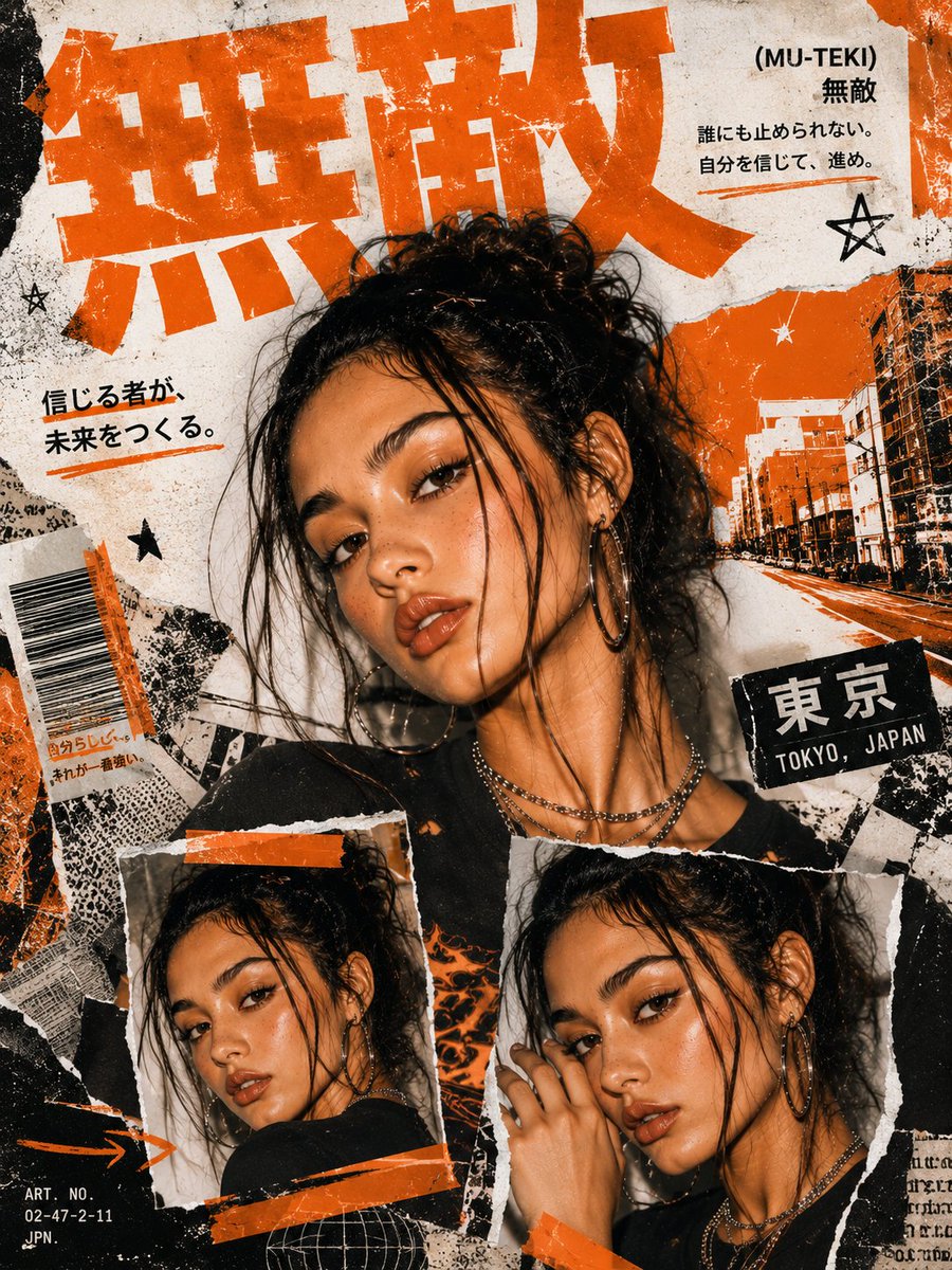 Create a bold Y2K Japanese street-editorial collage poster with a clea