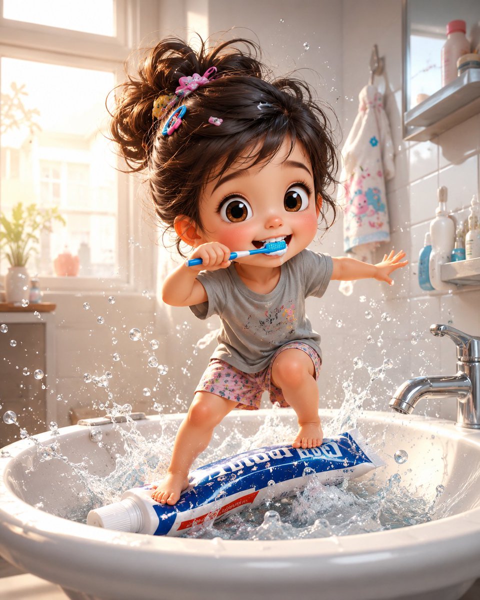 A whimsical, ultra-detailed 3D illustration of a cute toddler girl wit