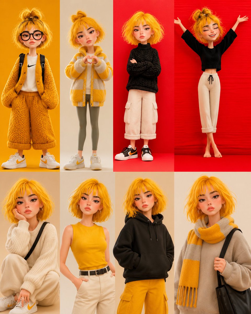 Ultra detailed stylized 3D Pixar-inspired girl collage, same female ch