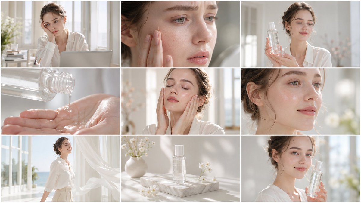 Create a clean, bright skincare commercial storyboard in a 16:9 layout