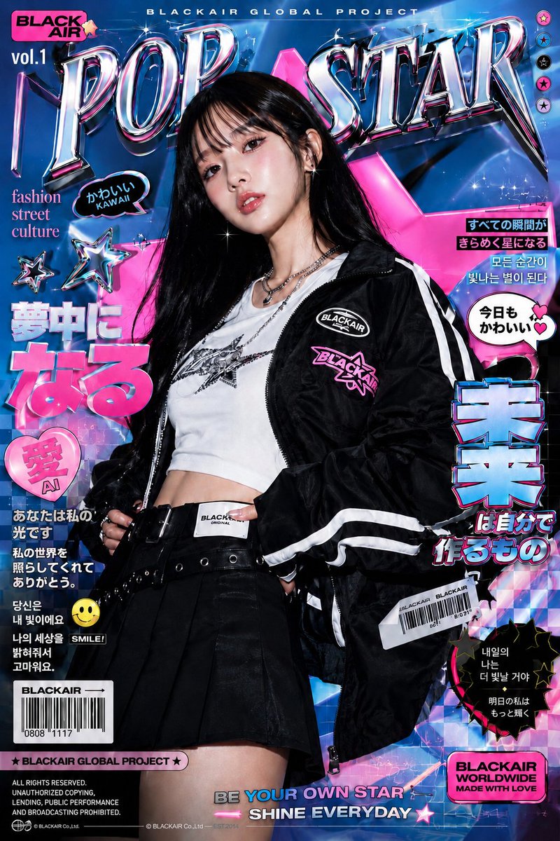 Ultra-stylized high-fashion editorial poster of a confident young Asia