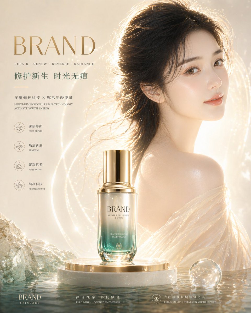 重点强化皮肤质感： 肌肤通透白皙，真实细腻，毛孔隐约可见但干净，肤质均匀细滑，无瑕疵感，呈现健康水润光泽（dewy skin），高光集中在颧