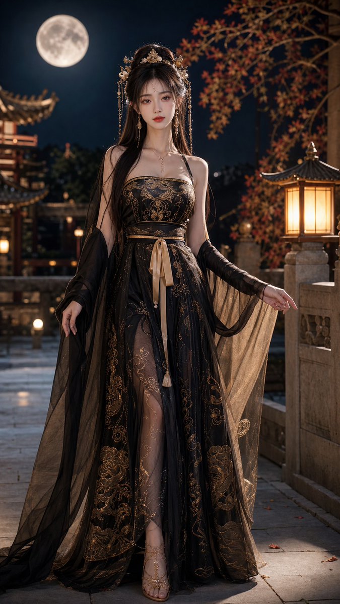 18歲中國美女，成年女性，精緻五官，長髮，身材修長，穿著性感但高雅的黑金色唐制齊胸襦裙改良漢服，薄紗披帛，金色雲紋刺繡，精緻髮飾，正面全身照