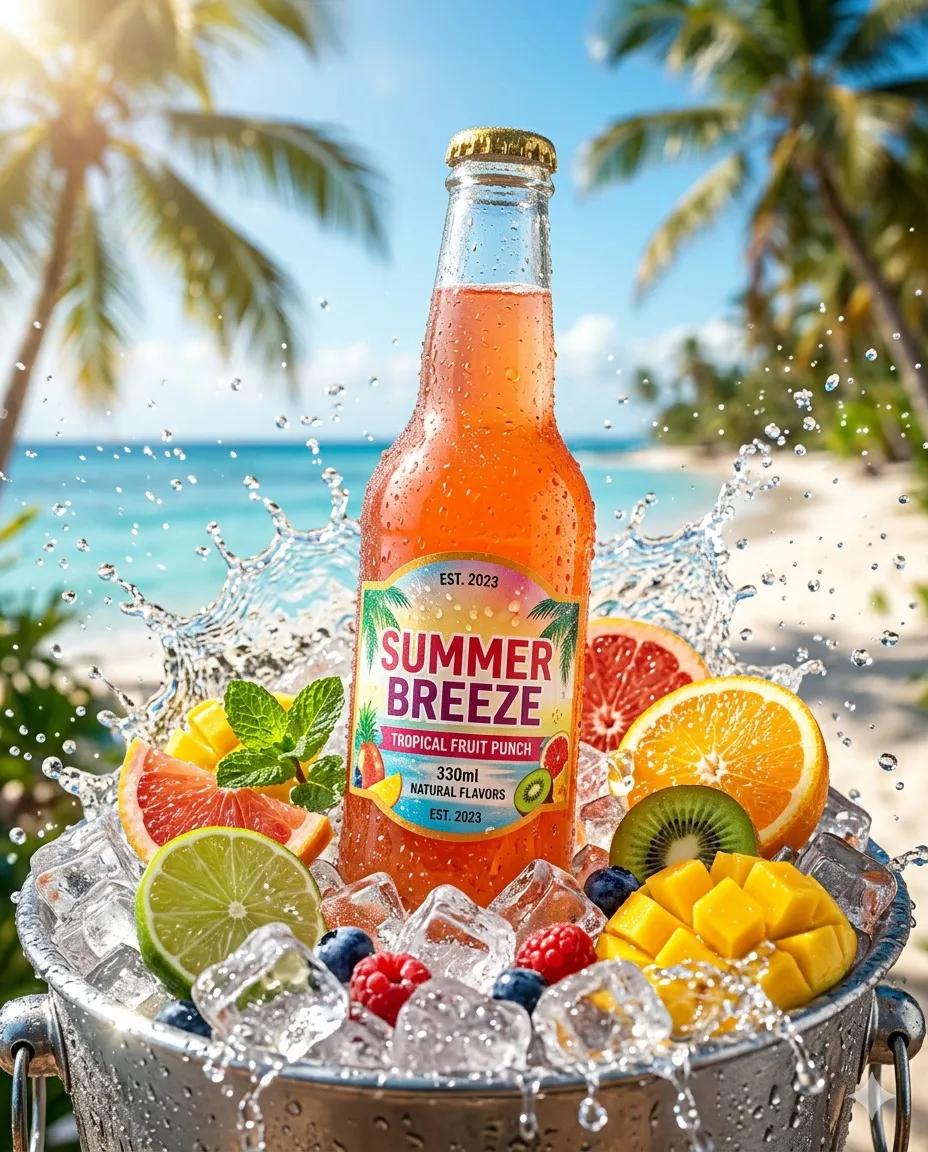 A refreshing cold drink bottle placed on wet ice cubes, surrounded by
