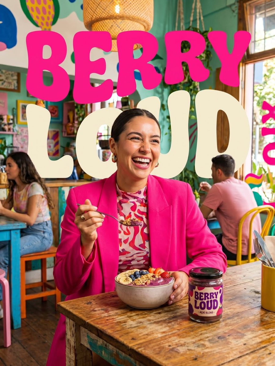 Vibrant lifestyle food advertisement, smiling woman in a bright hot pi