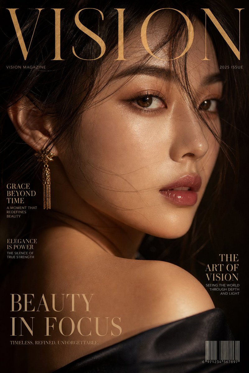 Luxury extreme close-up portrait, magazine cover style, title "VISION"