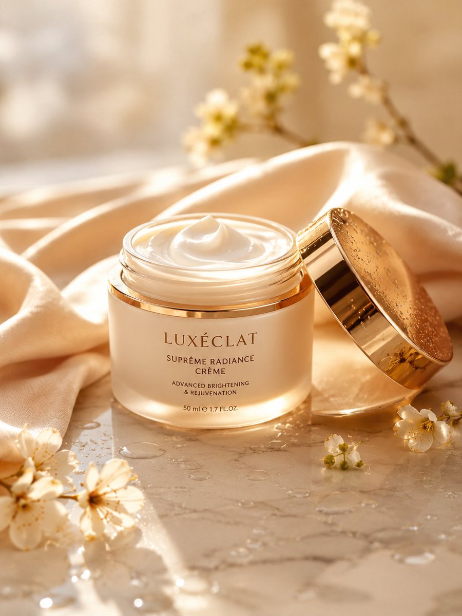 A premium skincare cream jar placed on a smooth marble surface, surrou