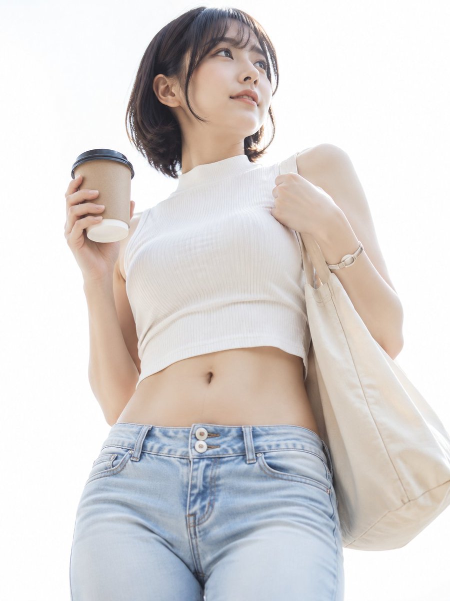A fresh high-key white-background lifestyle portrait of a young woman
