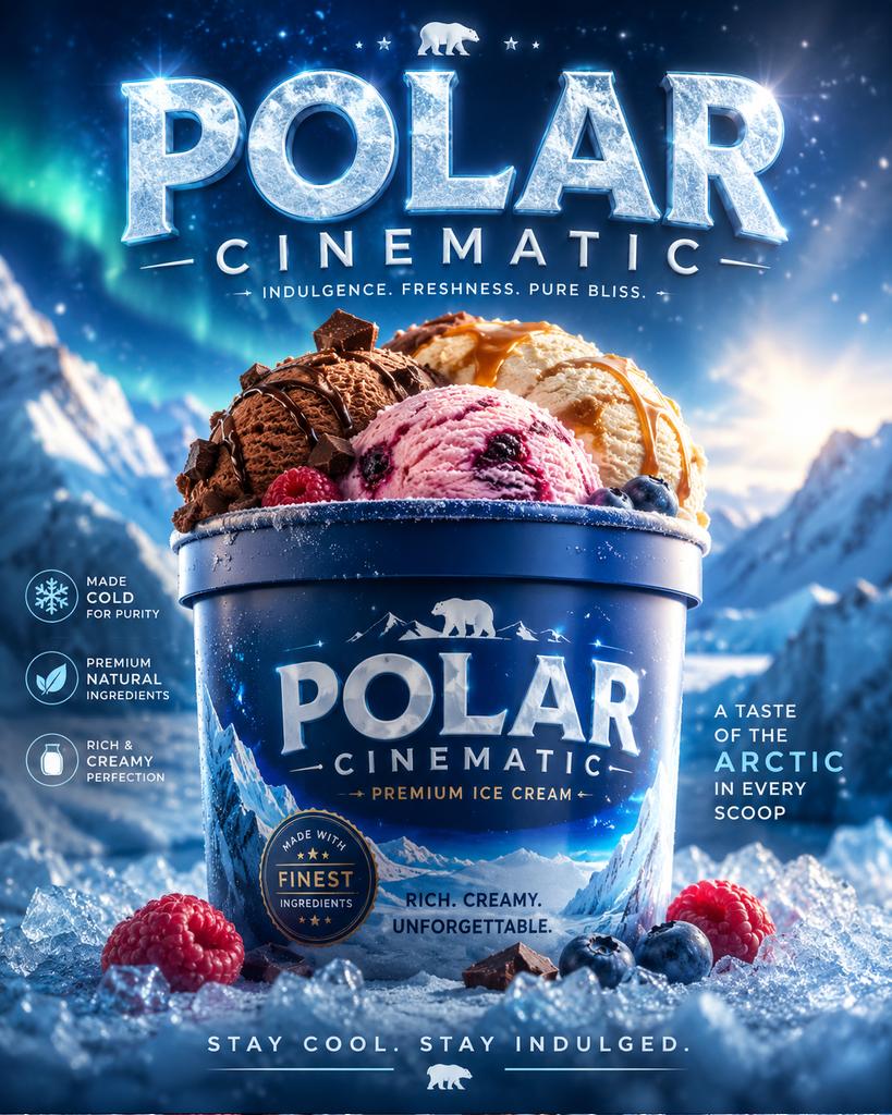Create a captivating advertisement featuring a photo container of ice