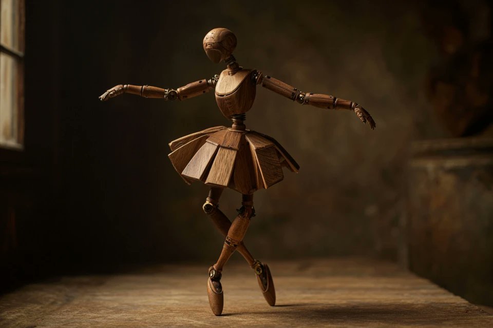 A wooden automaton version of a [subject], jointed with brass pins, na
