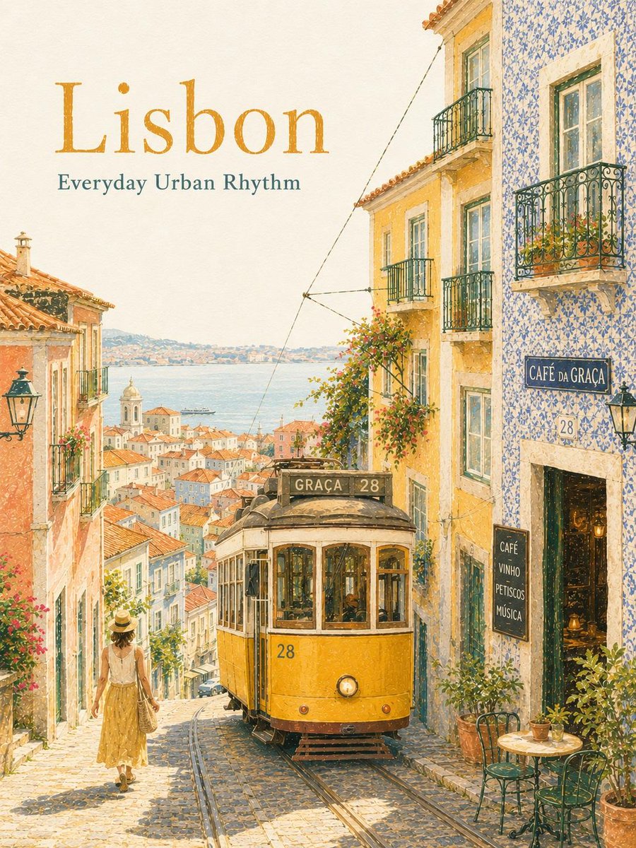 Dreamy vintage travel poster illustration of Lisbon, Portugal, featuri