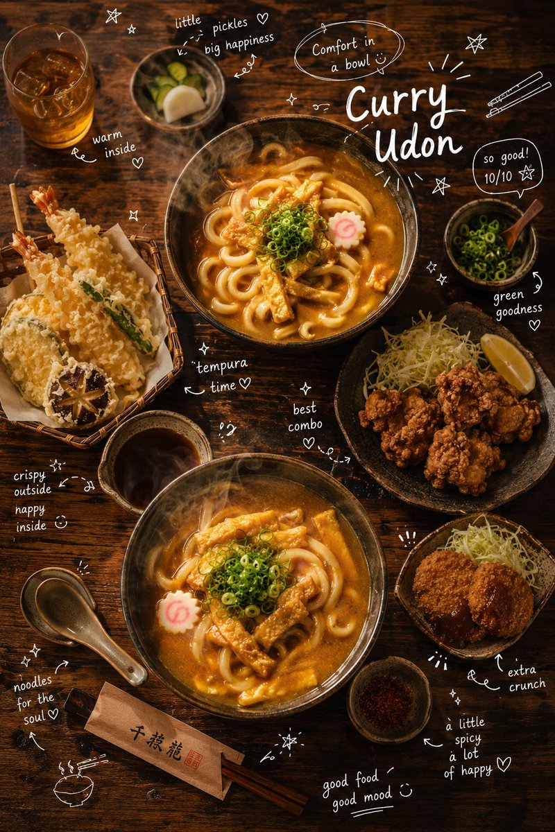 Overhead cinematic food photography of a comforting Japanese curry udo