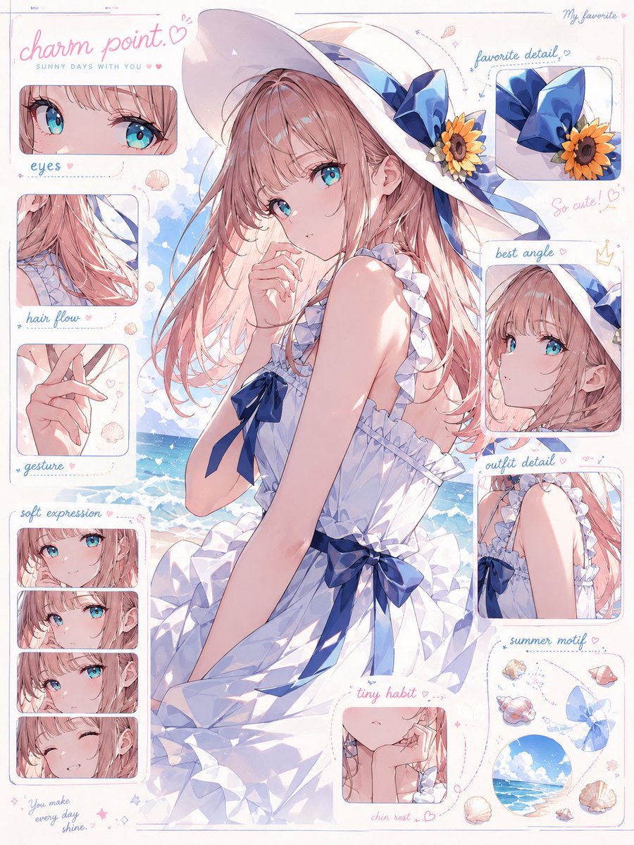 入力されたキャラクター画像をもとに、 そのキャラクターの「魅力解剖図」を1枚のビジュアルとして作成してください。 これは通常のキャラクター