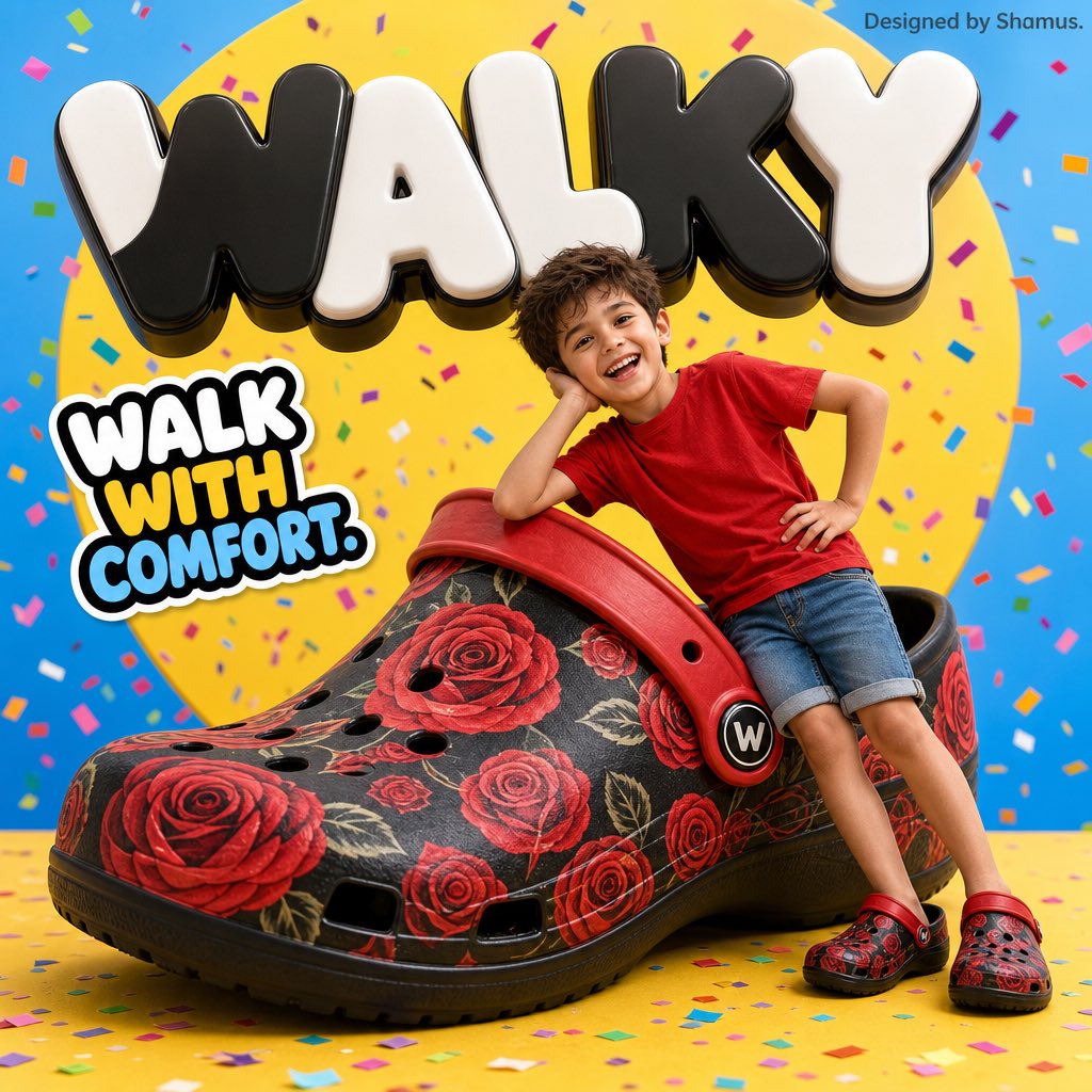 A vibrant children’s shoe advertisement poster featuring a joyful 7-ye
