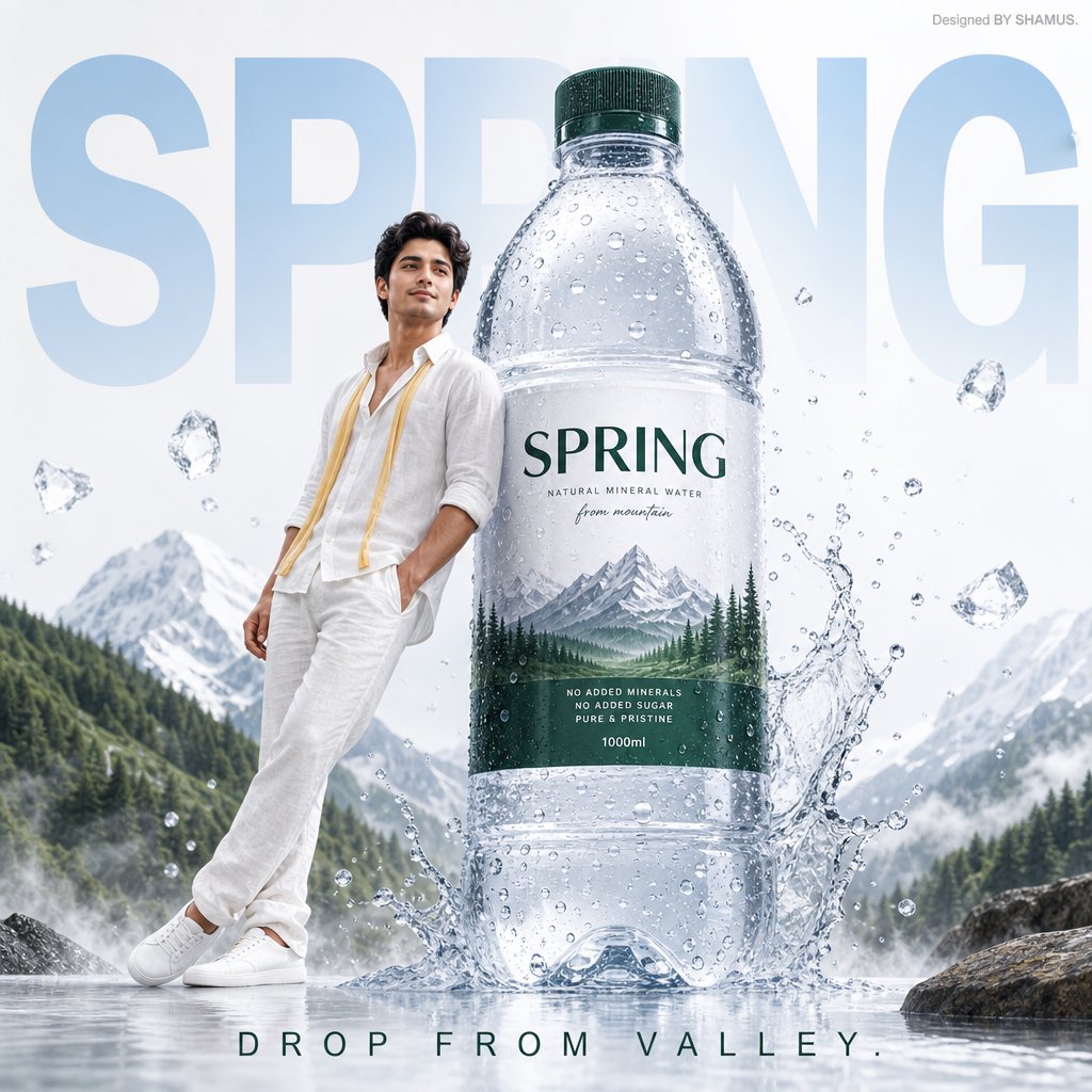 A premium mineral water advertisement poster featuring a fresh-faced y