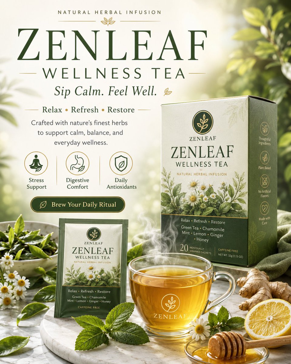 Create a premium wellness advertising poster for a tea brand. Design i