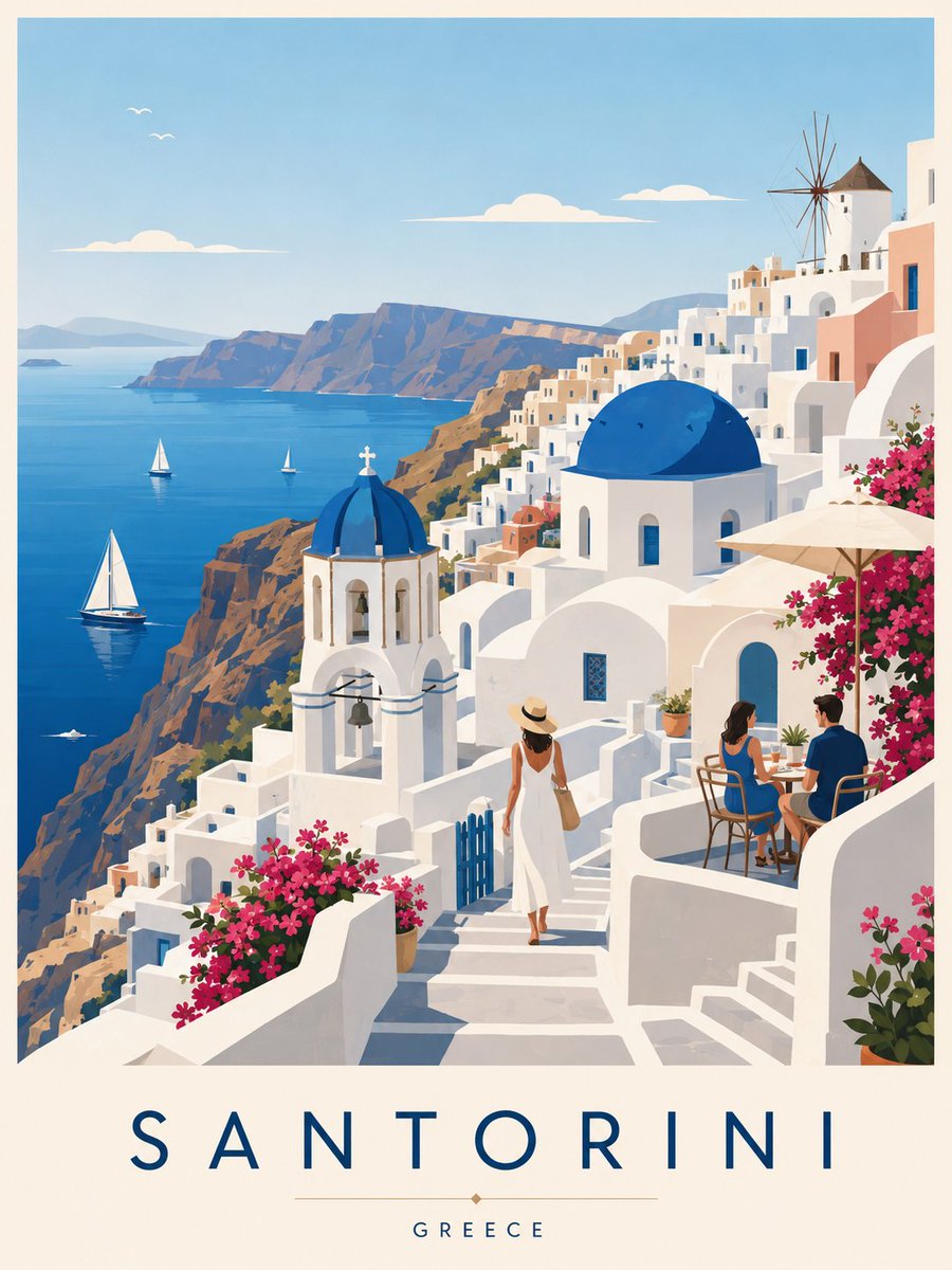 Create a premium editorial travel poster illustration of Santorini, Gr