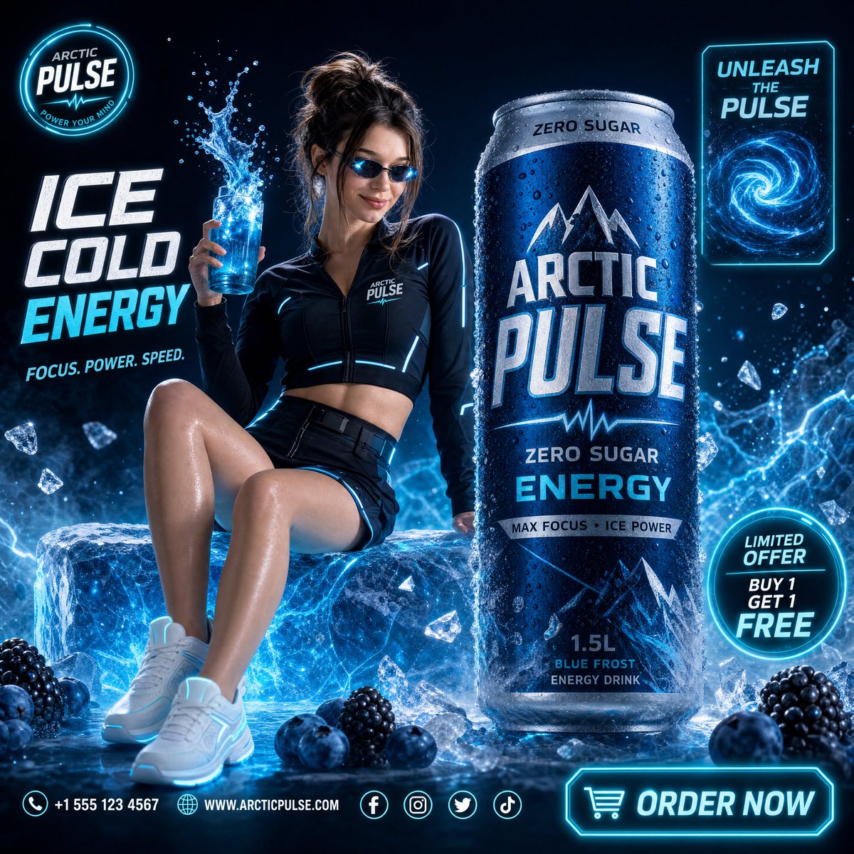 A high-end commercial beverage advertisement for "Arctic Pulse Energy