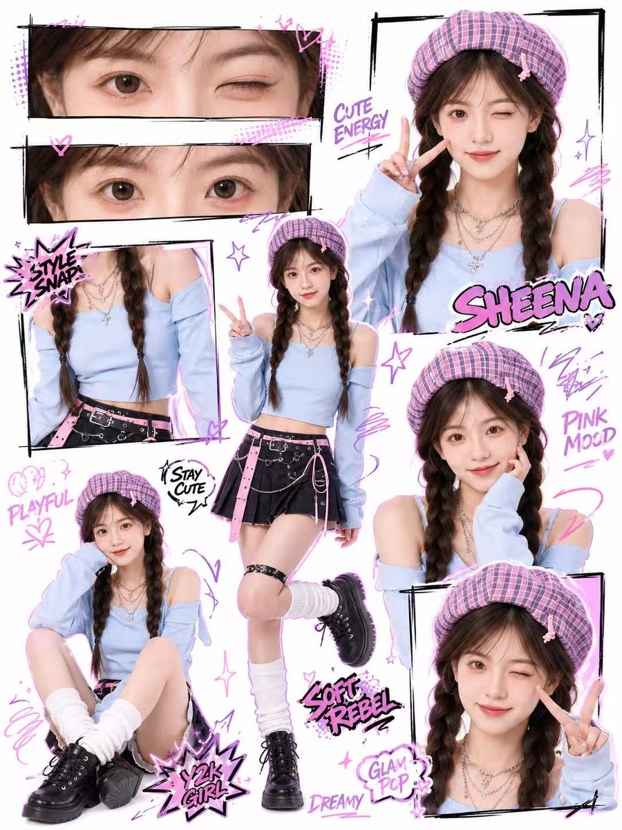 Create a high-quality Y2K kawaii street-style collage poster based on