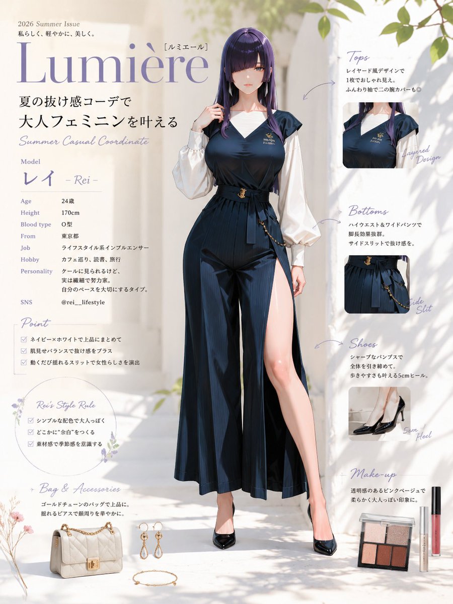 A stylish young woman with sleek, dark violet hair stands in a minimal