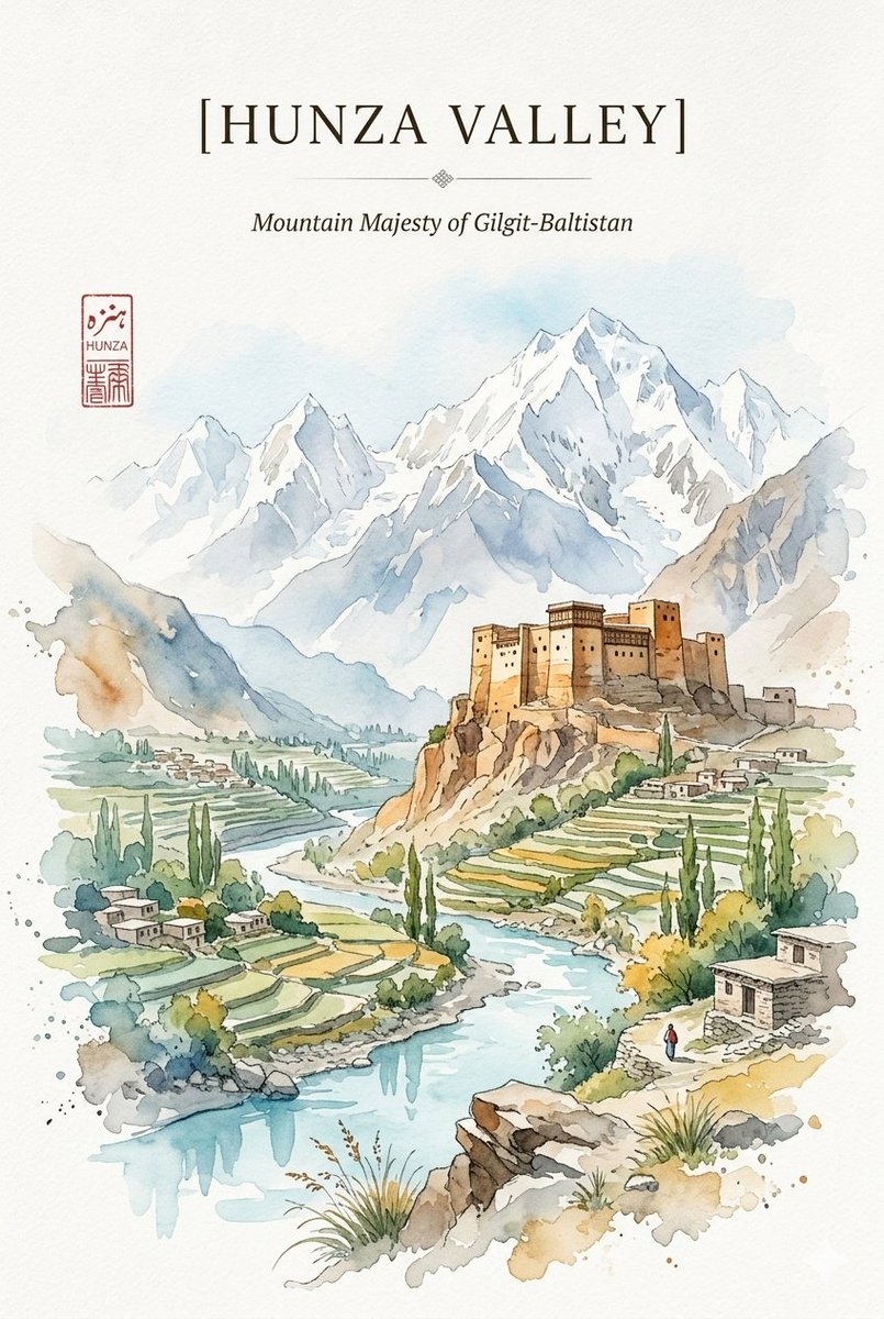 Watercolor travel poster that harmonizes the rugged heritage of the Hu