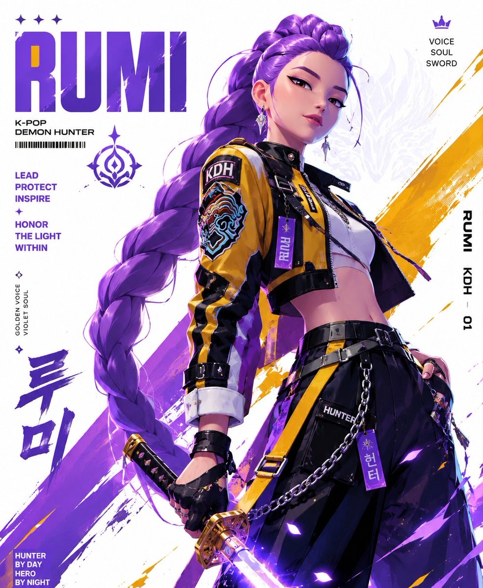 Create a stylized illustration of Rumi from the anime series Kpop demo