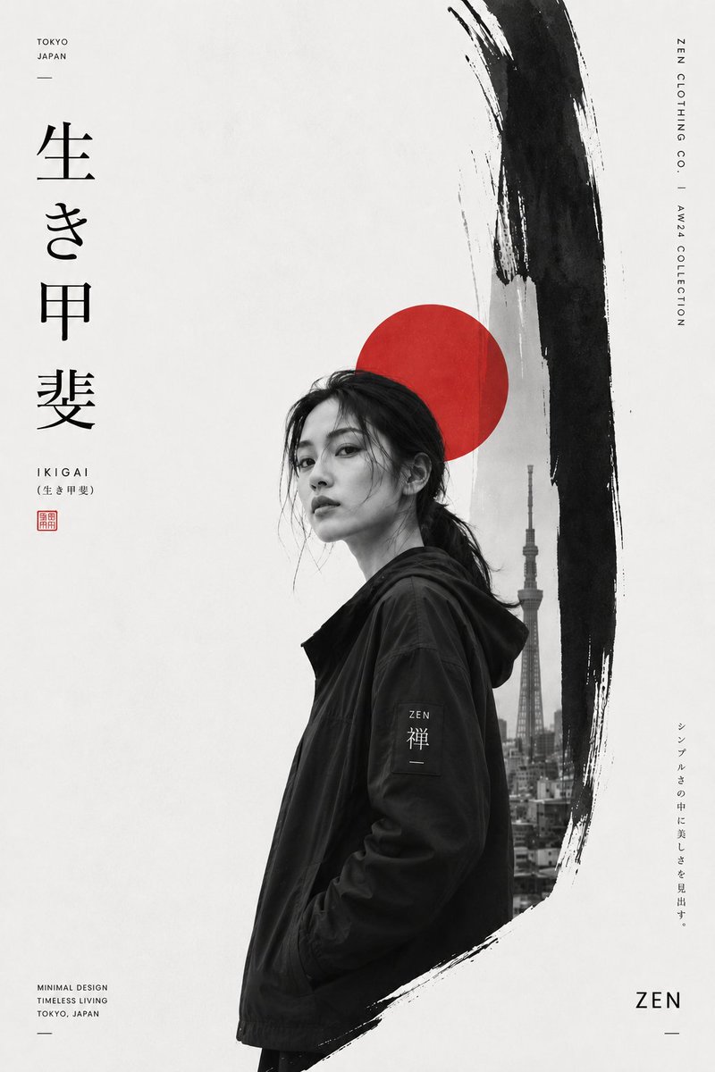 Create a premium Japanese-inspired minimalist fashion editorial poster