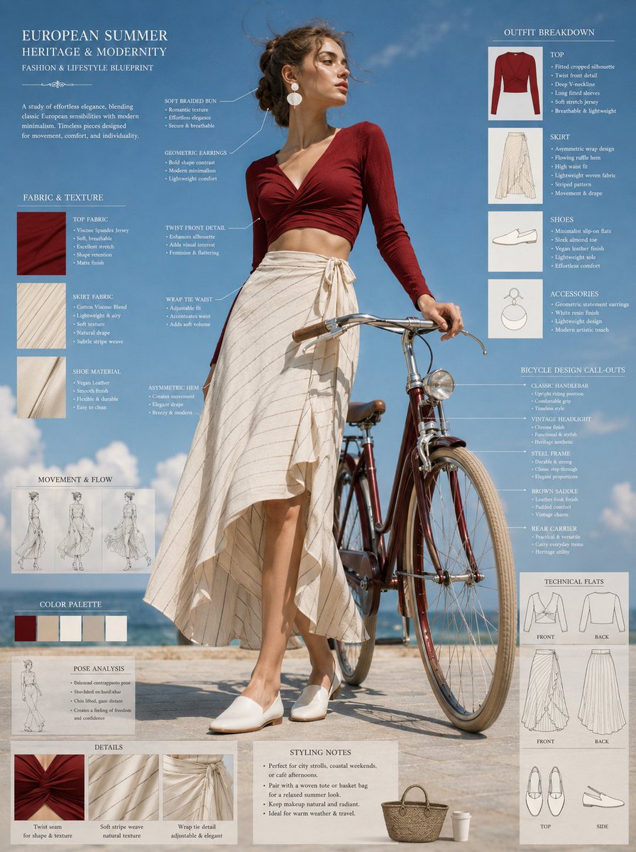 Fashion blueprint sheet of an elegant young woman posing beside a vint