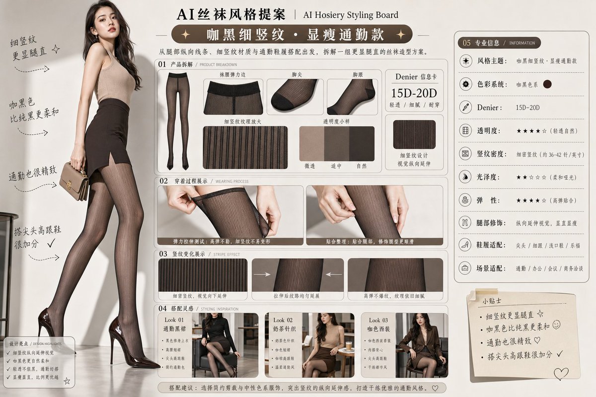 请生成一张横向 4:3 的中文版「AI丝袜风格提案 / AI Hosiery Styling Board」图片。 画面定位： 高级女性向丝袜