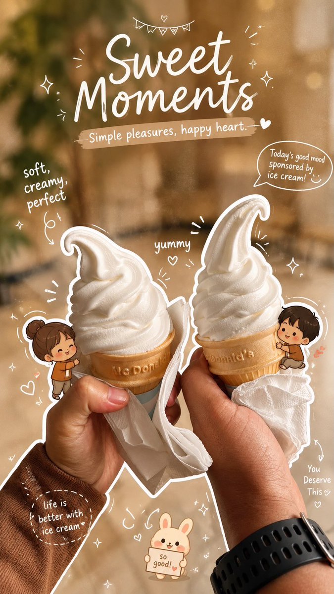 Close-up aesthetic photo of two hands holding vanilla soft serve ice c