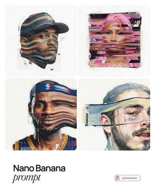 A surreal mixed-media portrait of [PERSON], set against a clean, plain
