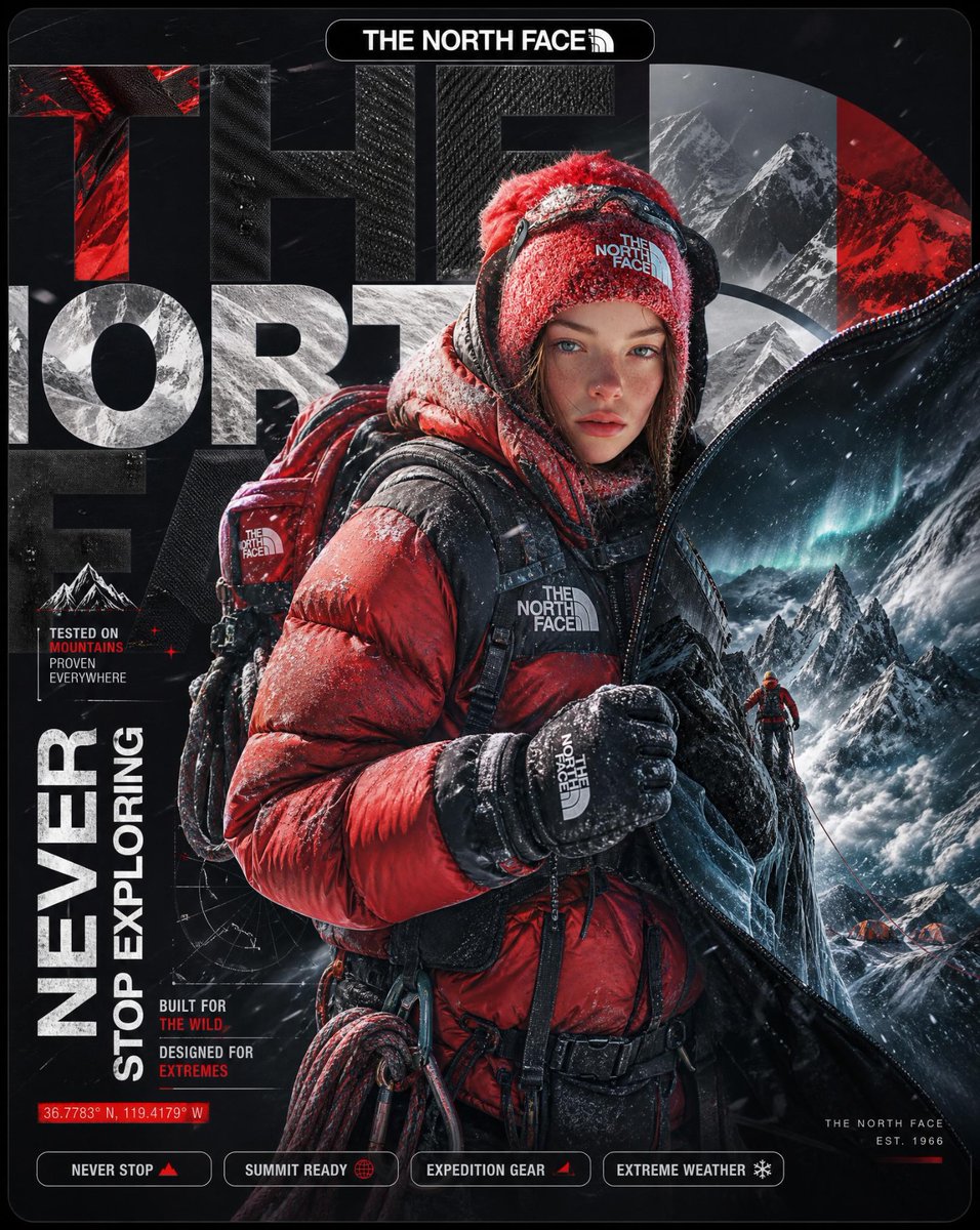 A hyper-detailed surreal advertising poster for The North Face. BACKG