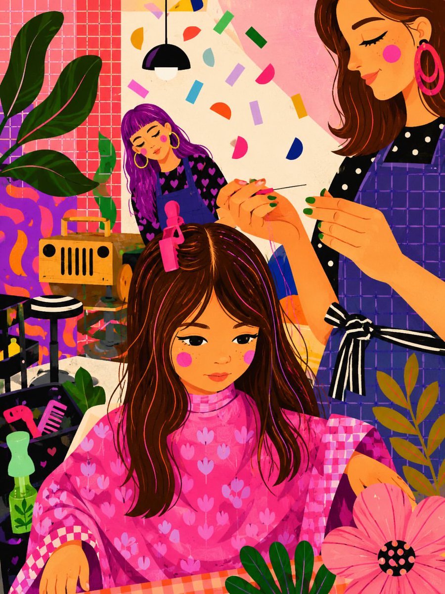 A vibrant whimsical digital illustration of a cozy indie hair salon, f