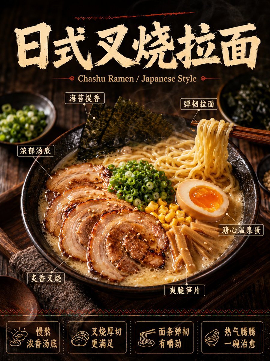 请生成一张高完成度的「中文主导餐饮商业美食海报」。 品类:[主题品类] 主标题:[中文主标题] 副标题:[英文辅助副标题](可选,小字辅助