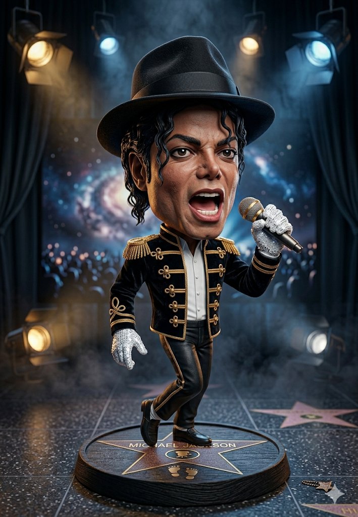 A hyper-detailed 3D caricature figurine of a legendary pop music icon,