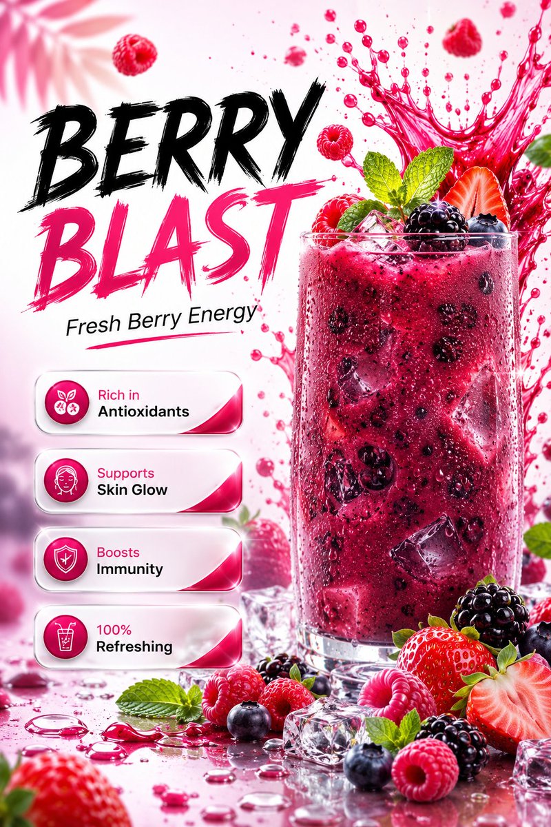 Ultra-realistic premium mixed berry beverage advertisement poster desi